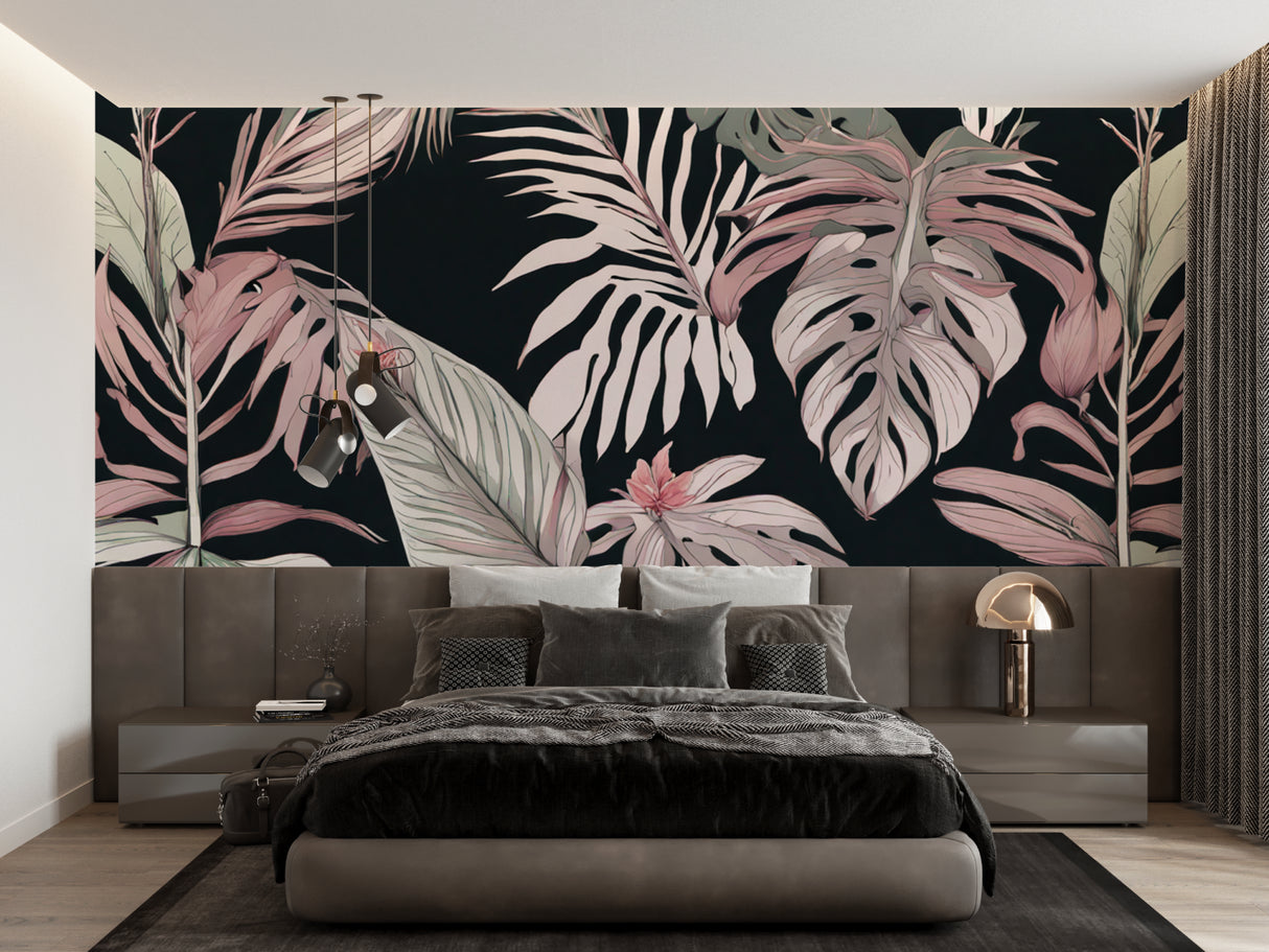 Tropical leaf mural in soft pink tones brightening up a cozy bedroom space