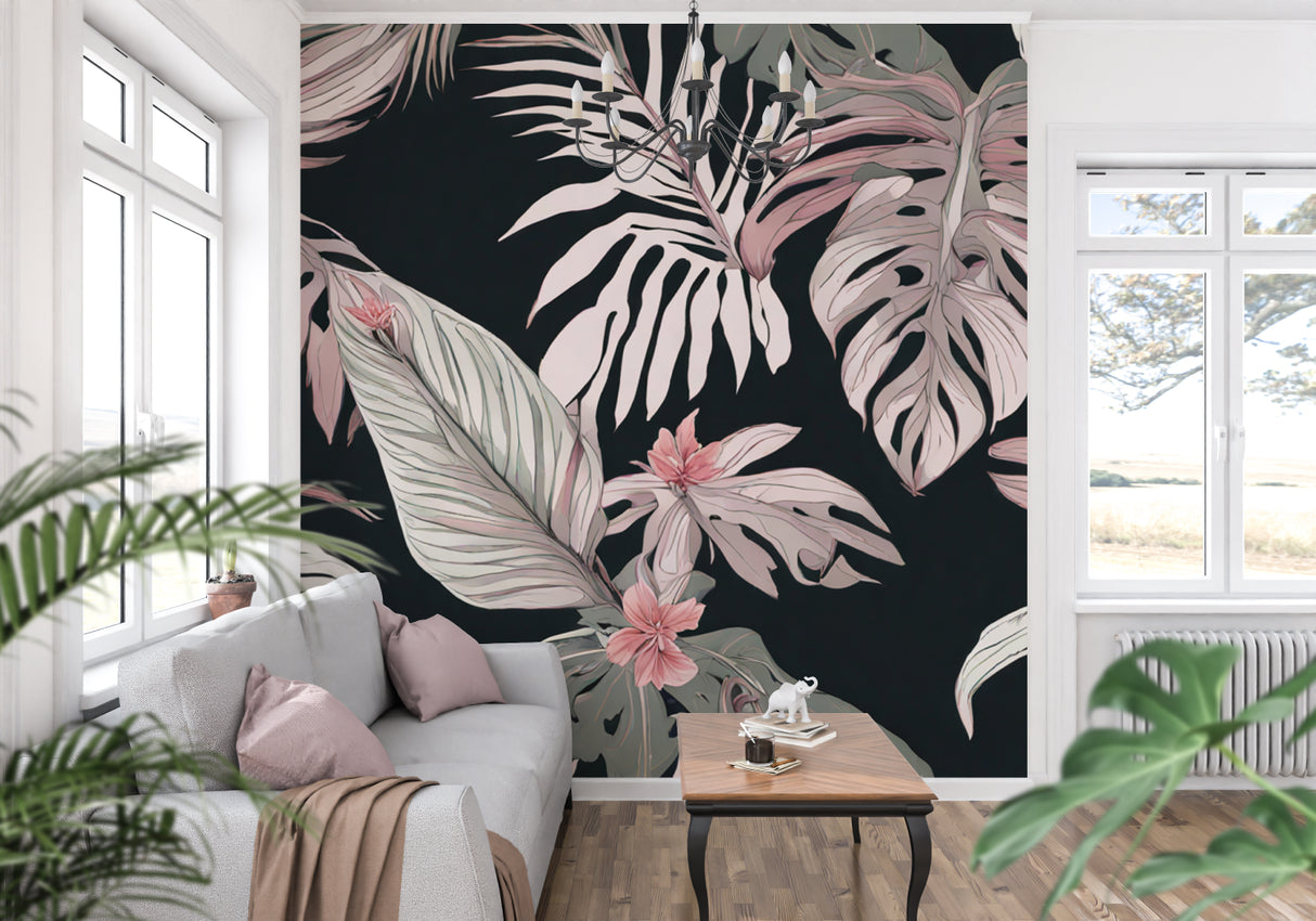 Modern pink and grey leaf pattern transforming a home office wall