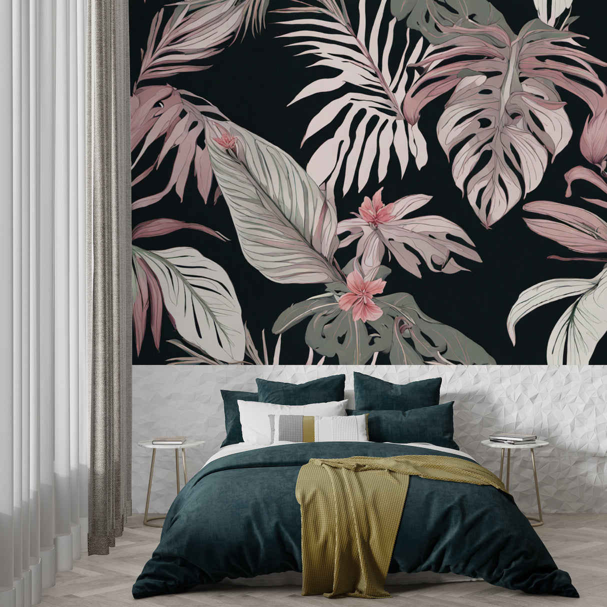 Monstera leaf wallpaper adding natural beauty to an entrance hallway