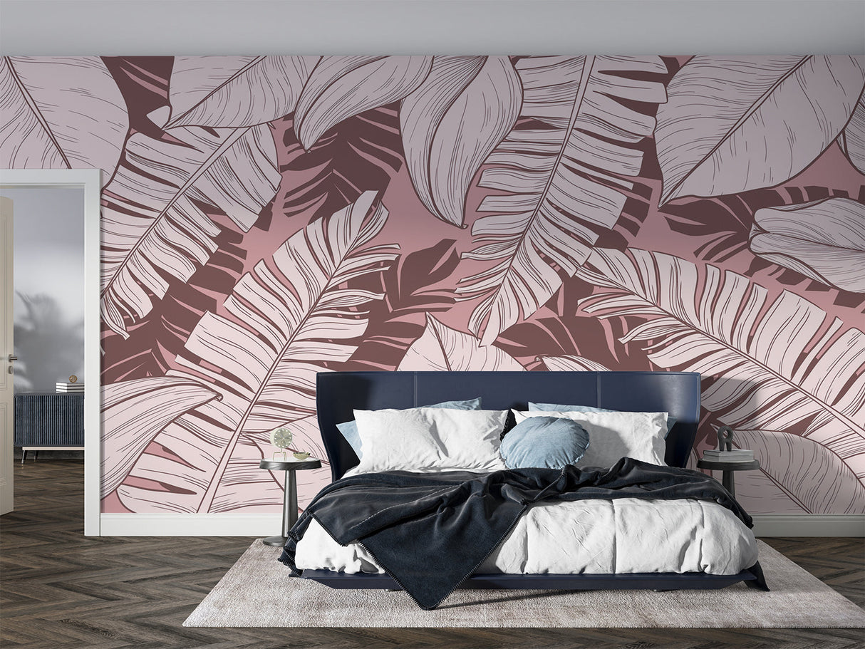 Pink botanical wallpaper featured in master bedroom with natural lighting highlighting leaf details