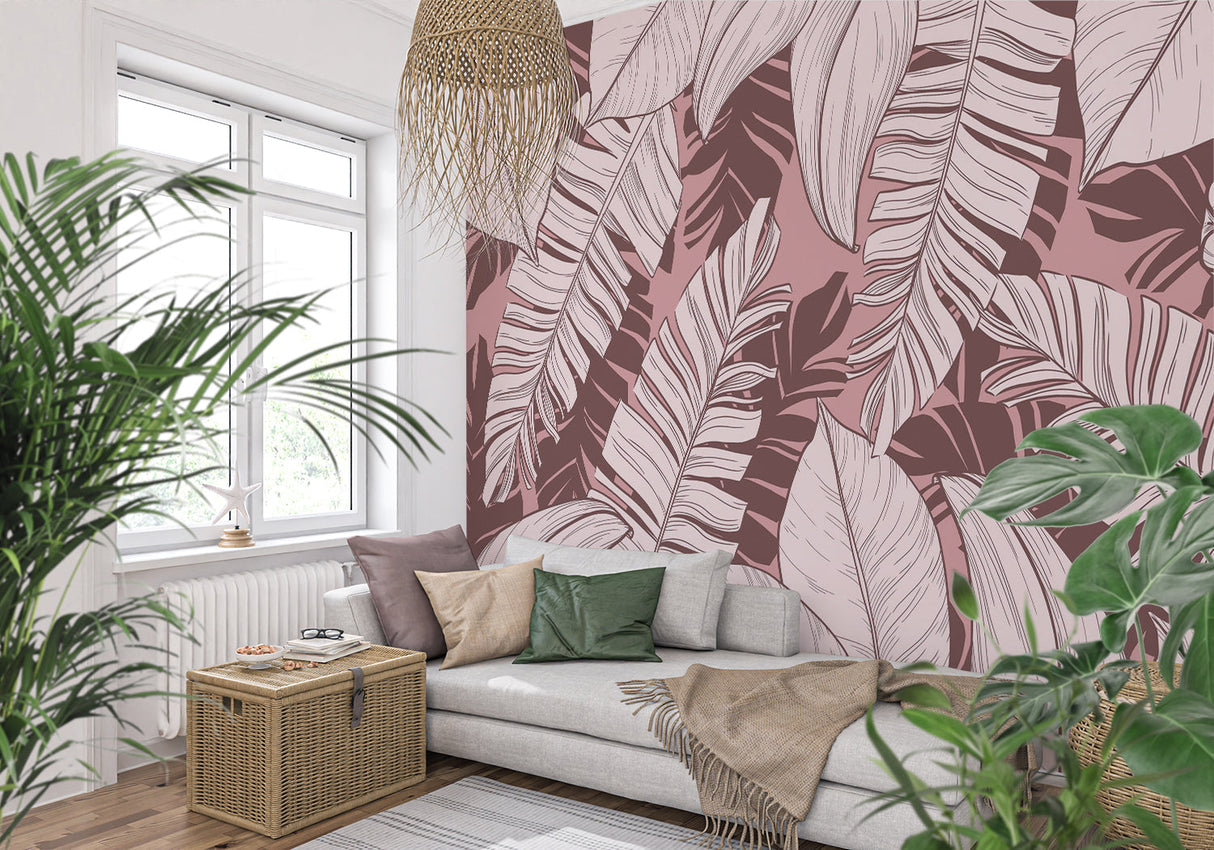 Tropical wall mural in dining room showcasing pink and brown banana leaf design