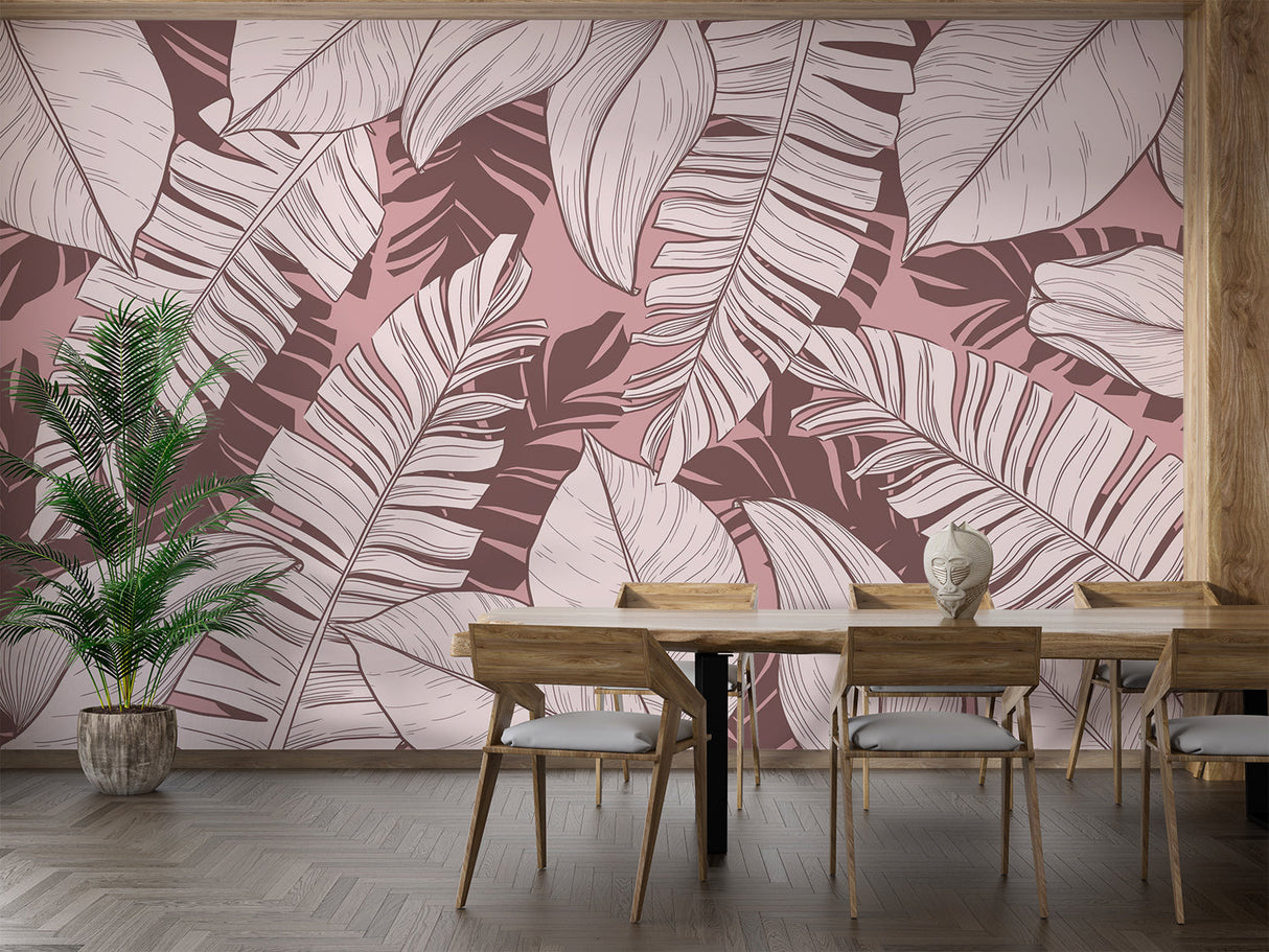 Design file of pink banana leaf pattern wallpaper showing intricate botanical details