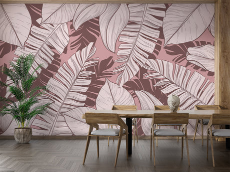 Design file of pink banana leaf pattern wallpaper showing intricate botanical details