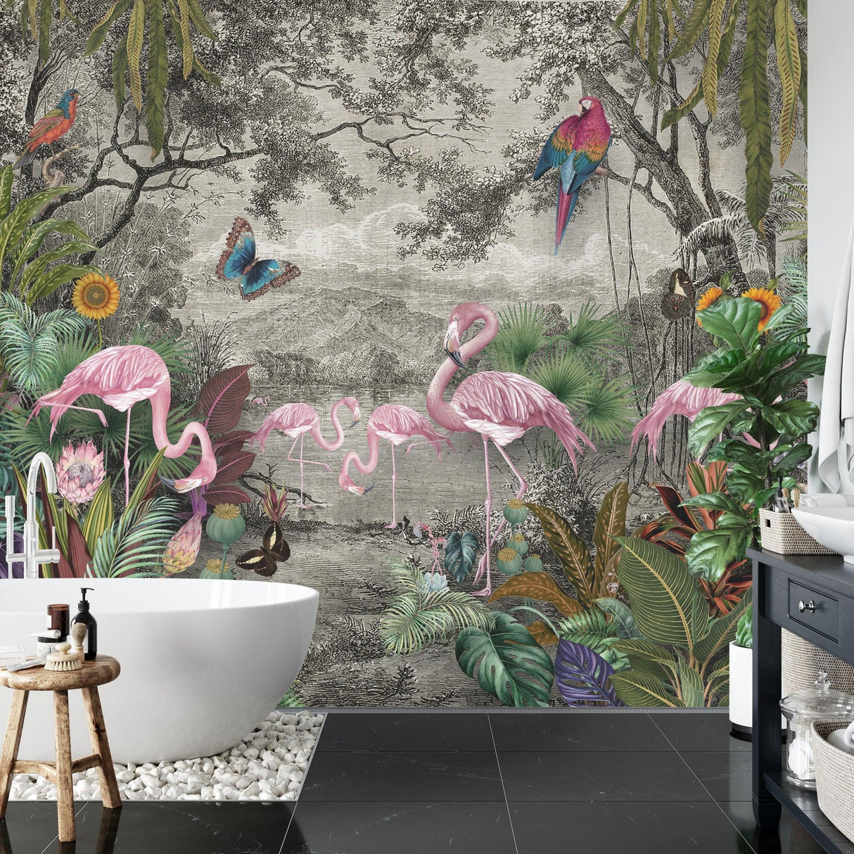 Paradise garden mural adding color to nursery room with white furniture