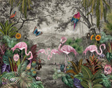 Design file showing full tropical pattern with pink flamingos, exotic flowers and butterflies