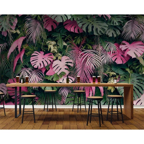 Pink Monstera Leaf Wallpaper in modern living room with white sofa and natural light