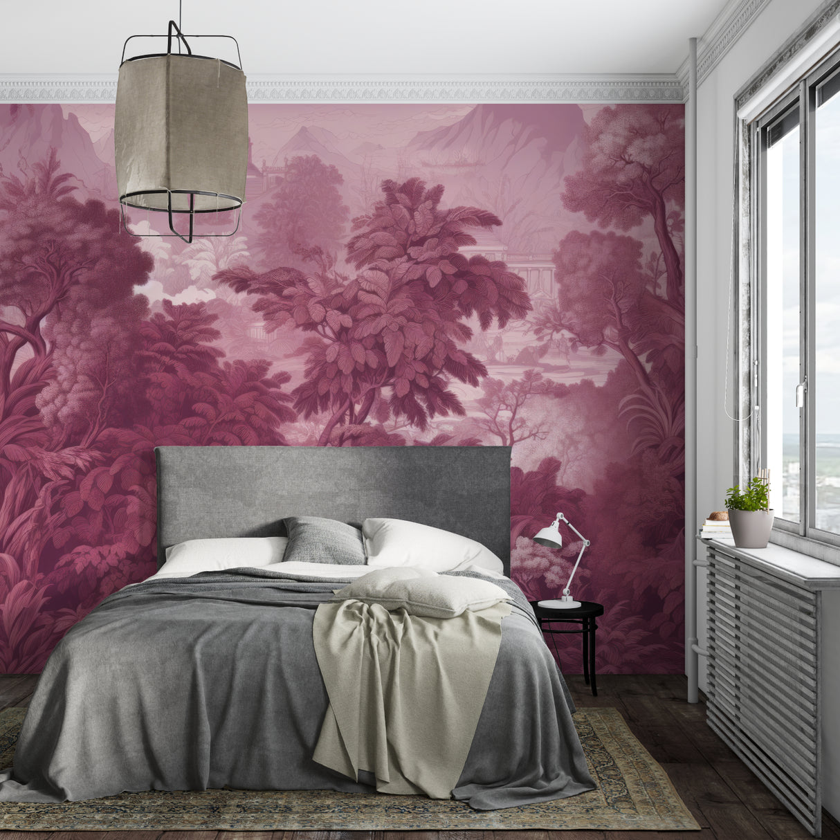 Tropical pink paradise wallpaper in modern living room creating a sophisticated and peaceful atmosphere