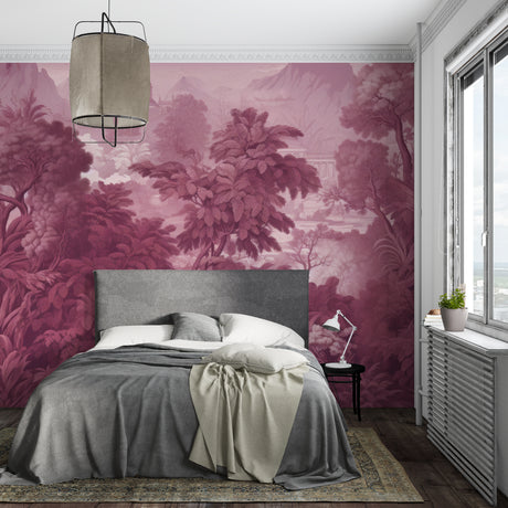 Tropical pink paradise wallpaper in modern living room creating a sophisticated and peaceful atmosphere