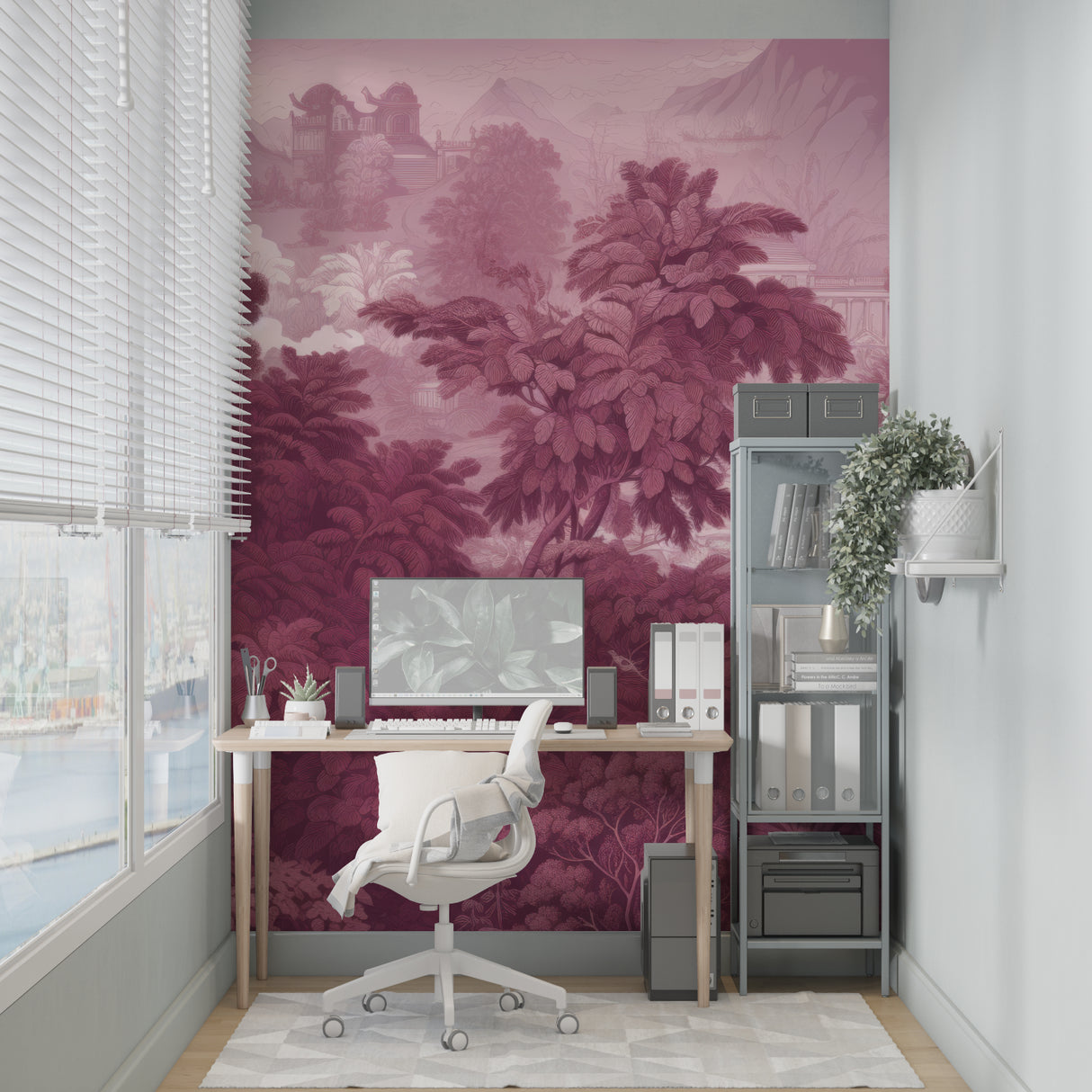 Pink tropical landscape mural beautifully displayed in master bedroom setting