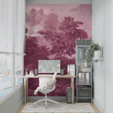 Pink tropical landscape mural beautifully displayed in master bedroom setting