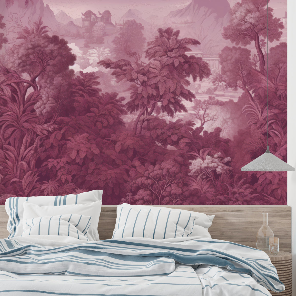 Elegant home office featuring pink paradise tropical wallpaper design