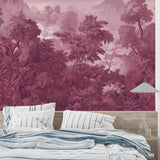 Elegant home office featuring pink paradise tropical wallpaper design