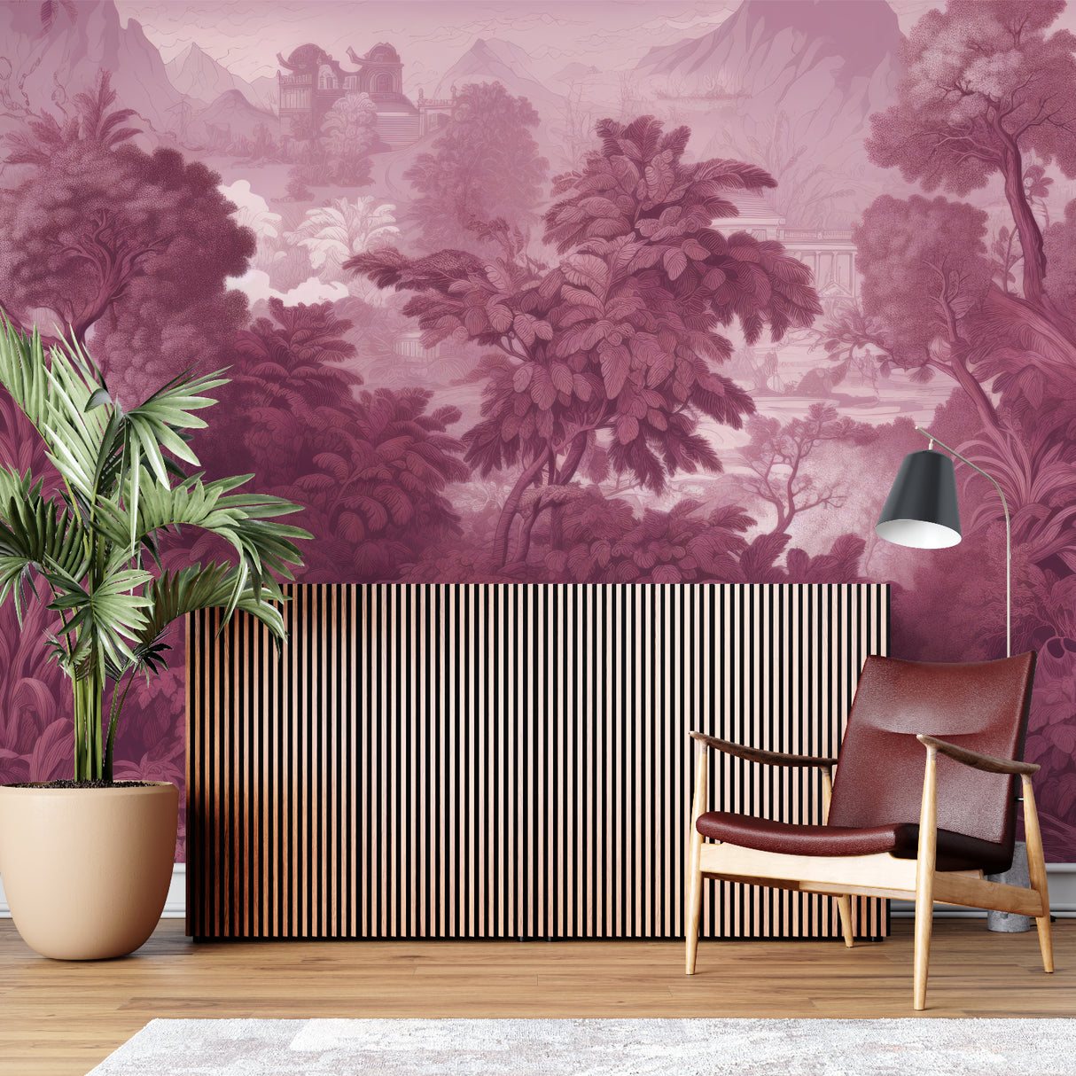 Pink paradise tropical mural adding depth to dining room walls