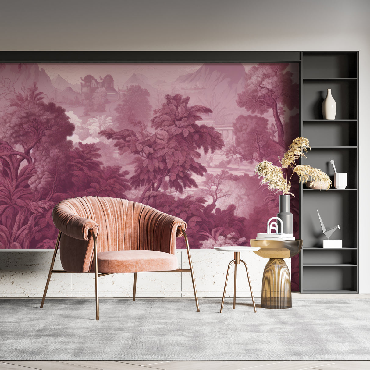Tropical landscape wallpaper creating stunning accent wall in boutique space