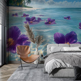 Tropical ocean wallpaper with purple flowers creating a calm atmosphere in a modern living room with natural light