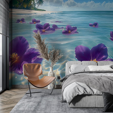 Tropical ocean wallpaper with purple flowers creating a calm atmosphere in a modern living room with natural light