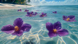 Purple flowers on turquoise ocean design file showing detailed pattern and rich colors