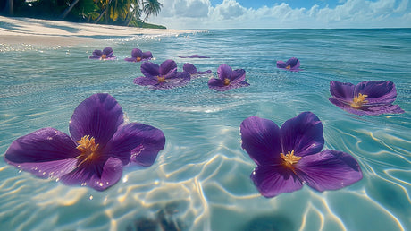 Purple flowers on turquoise ocean design file showing detailed pattern and rich colors