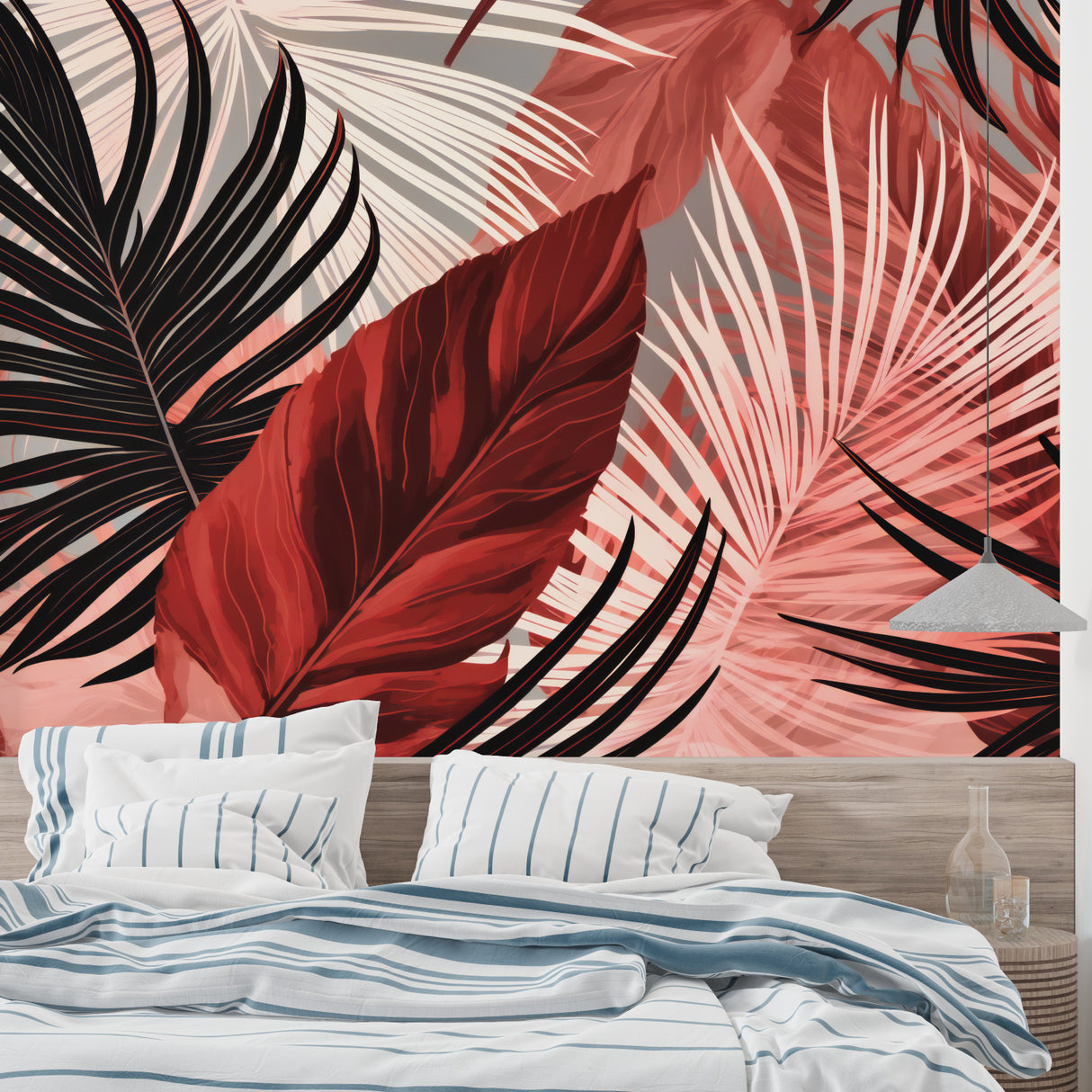 Red and black palm leaves mural in dining room with wooden table
