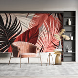Tropical wall mural creating bold accent wall in master bedroom