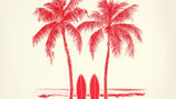 Red palm trees and surfboards wallpaper design file showing pattern detail and scale