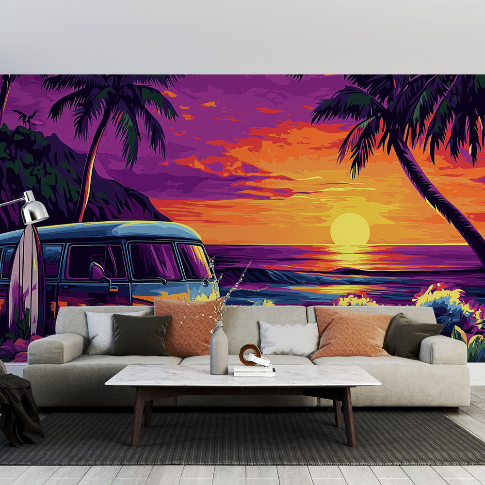 Tropical beach wallpaper with retro surf van creating summer vibes in a modern living room with natural light