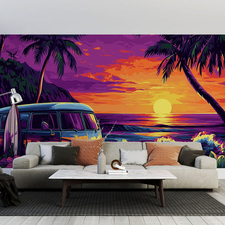 Tropical beach wallpaper with retro surf van creating summer vibes in a modern living room with natural light