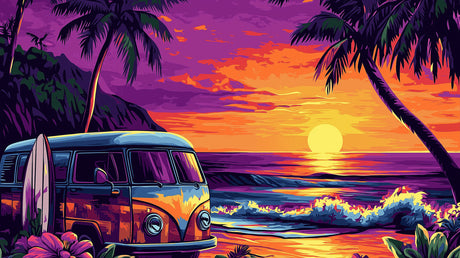 Tropical beach sunset design file showing detailed palm trees and vintage surf van pattern
