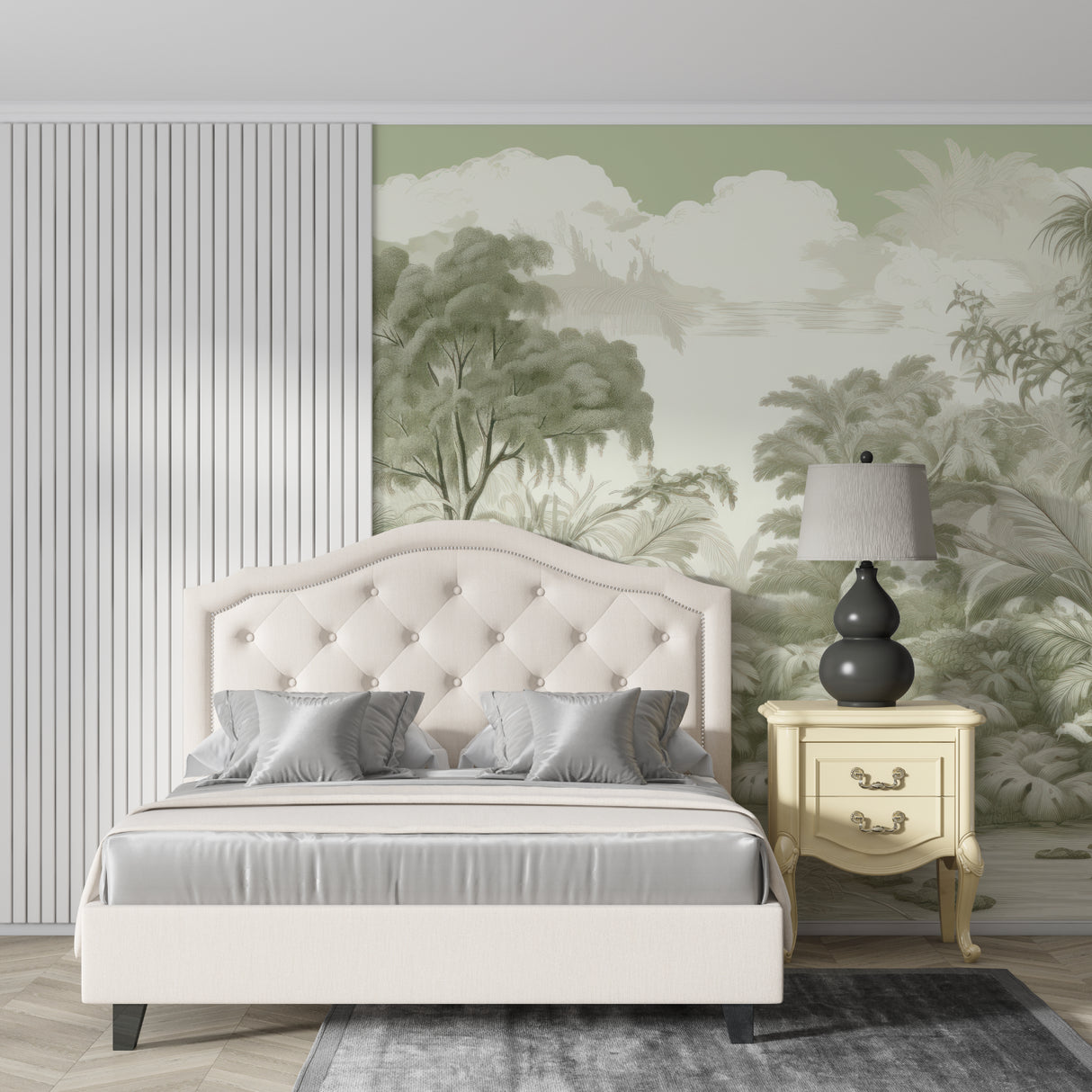 Sage green jungle mural wallpaper making a stunning backdrop in a master bedroom