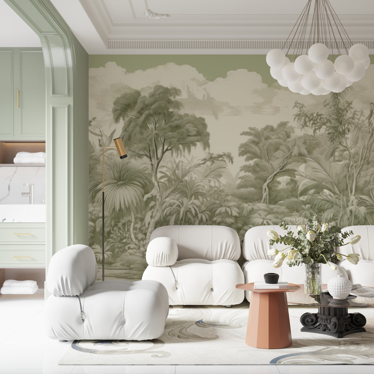 Green tropical wallpaper bringing nature indoors in a minimalist dining room