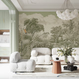 Green tropical wallpaper bringing nature indoors in a minimalist dining room