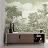 Botanical wall mural in soft sage tones enhancing a home office space
