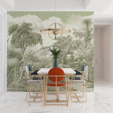 Jungle landscape wallpaper adding depth to a contemporary hallway