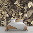 Tropical sepia palm wallpaper creating a sophisticated atmosphere in a modern living room with natural light