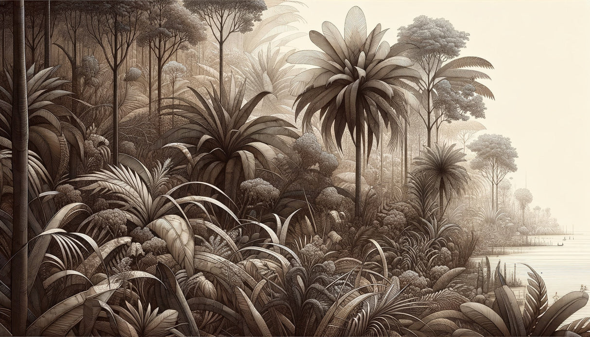 Tropical palm forest wallpaper in sepia tones creating a warm atmosphere in a modern living room
