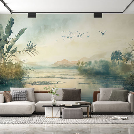 Tropical paradise mural wallpaper creating a zen atmosphere in a modern living room with natural light