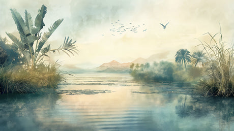 Tropical oasis landscape wallpaper design file showing detailed palm fronds and peaceful waterscape