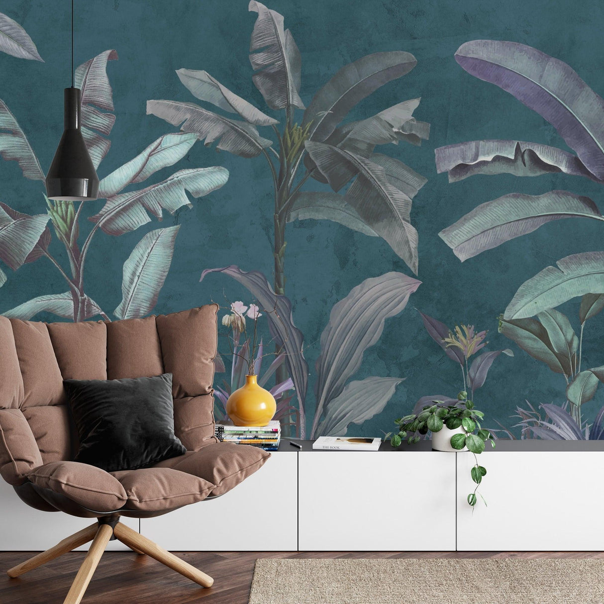 Silver banana leaf mural in master bedroom with white bedding and teal accents