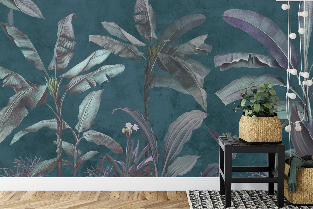 Botanical wall mural transforming dining room with metallic leaf pattern