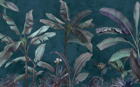 Design file showing silver banana leaves pattern on teal background with purple undertones