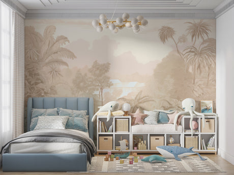 Tropical palm tree wallpaper in modern living room creating a calm beige accent wall