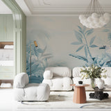 Blue palm leaves mural wallpaper styled in bright master bedroom with minimal furniture
