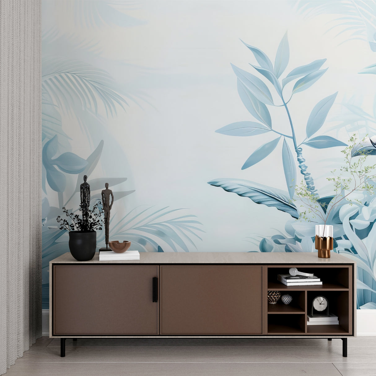 Tropical wall mural featuring blue palm leaves in contemporary dining room setting
