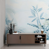 Tropical wall mural featuring blue palm leaves in contemporary dining room setting