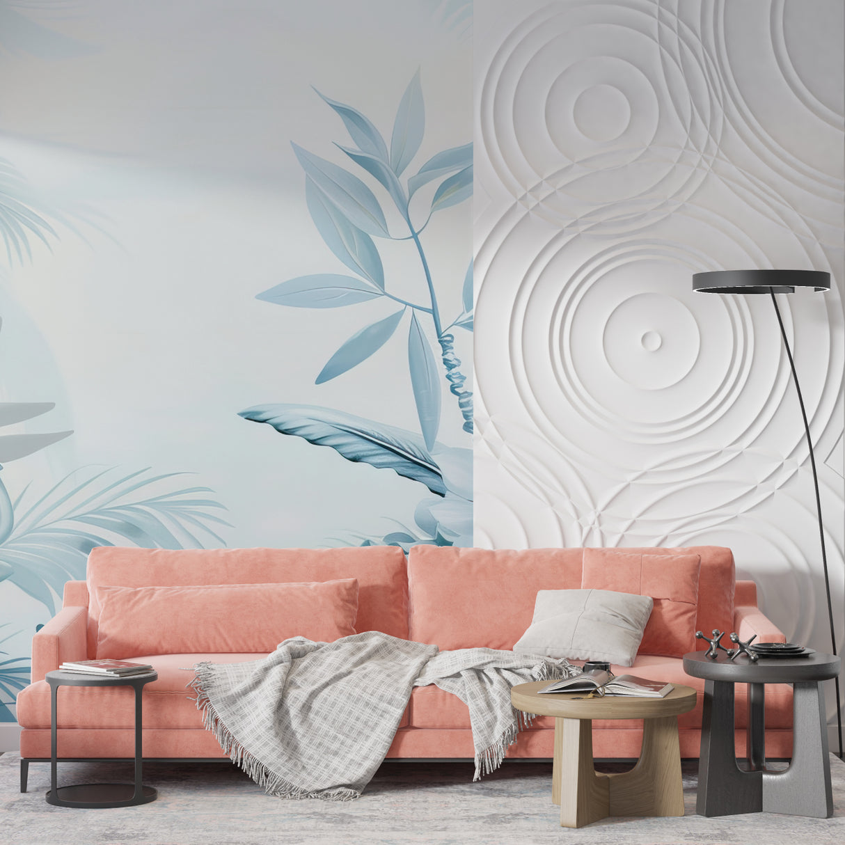 Soft blue botanical wallpaper creating calm atmosphere in home office space