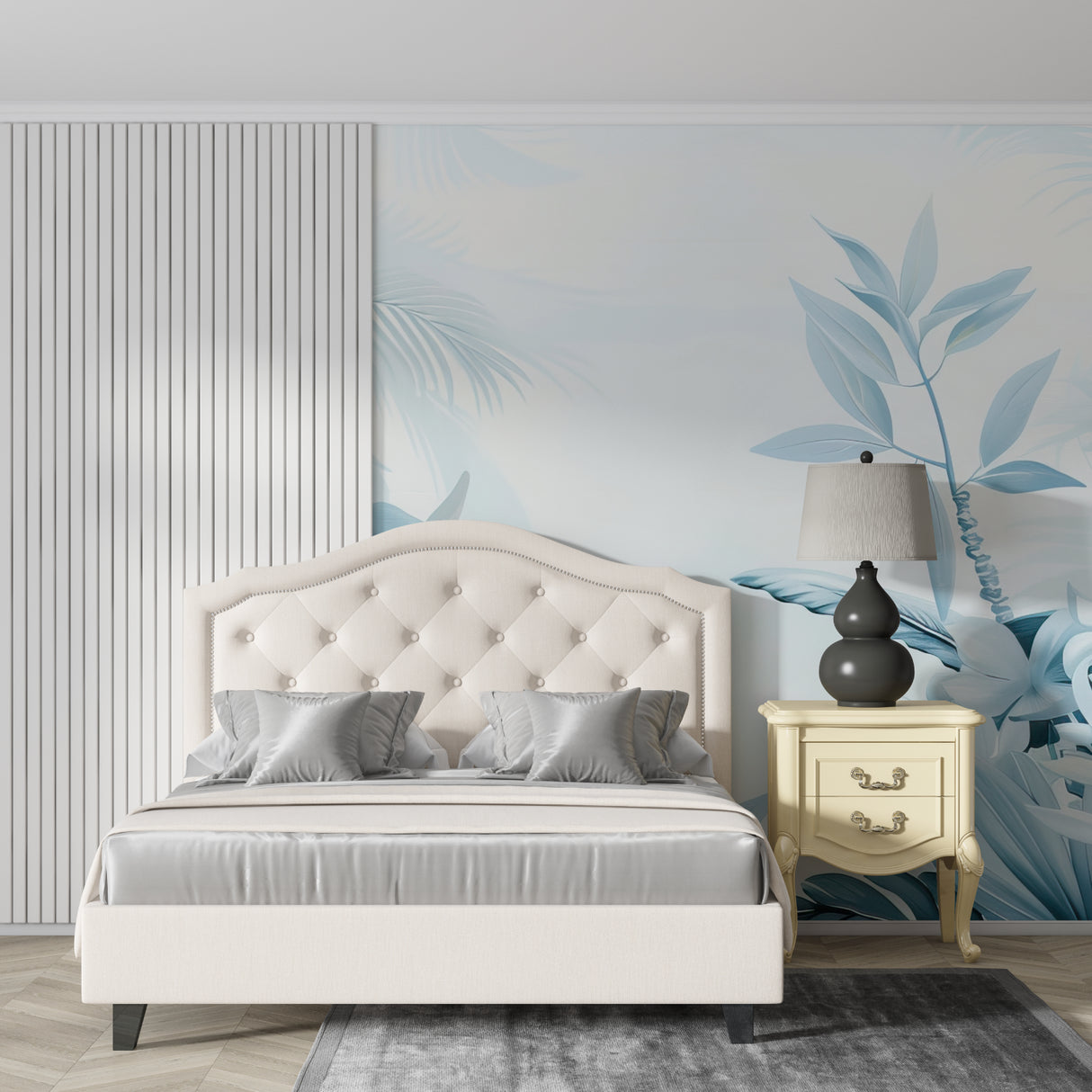 Blue palm leaf wallpaper bringing coastal vibes to modern bathroom design