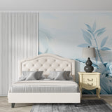 Blue palm leaf wallpaper bringing coastal vibes to modern bathroom design