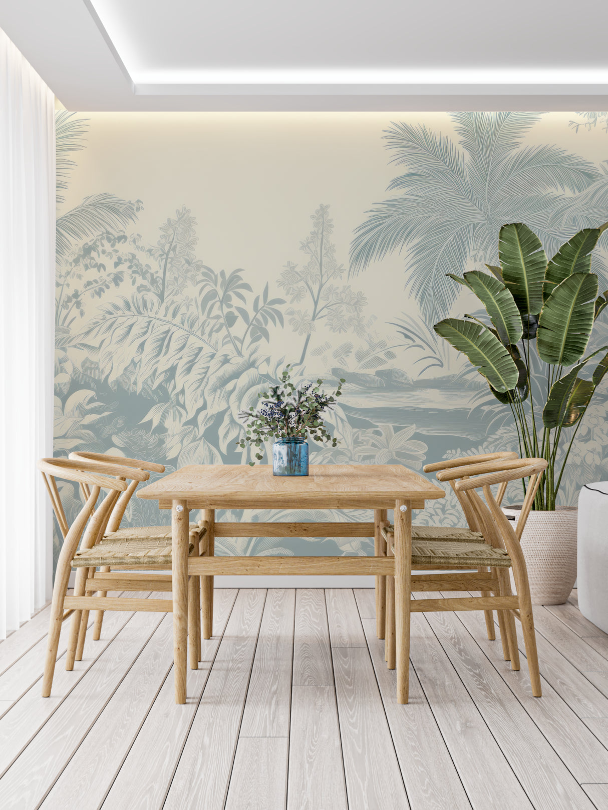 Tropical palm wallpaper making a statement in a contemporary dining room