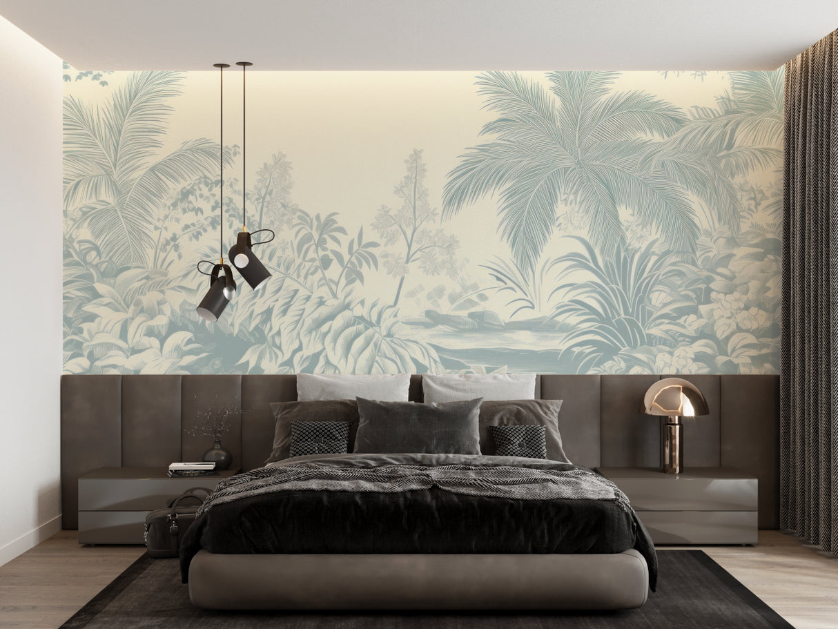 Palm leaf mural creating depth in a cozy reading nook