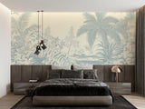 Palm leaf mural creating depth in a cozy reading nook